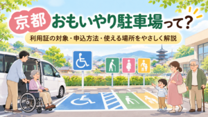 京都おもいやり駐車場の利用証ガイド。車いす利用者や高齢者、妊婦のいる駐車場のイラスト