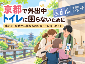 京都で外出中、トイレに困らないために。車いす利用者と家族が公衆トイレを探すイラスト